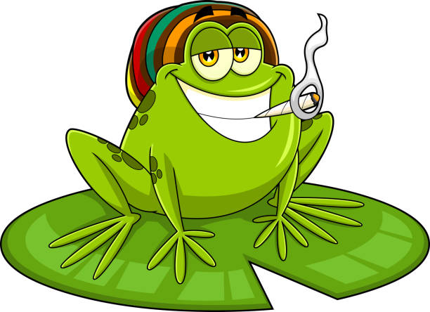Frog Poison THCa strain mascot cartoon green frog wearing Rasta hat smoking joint