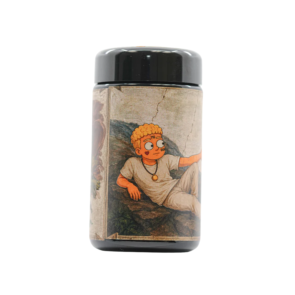 Davinci Frog Poison cannabis jar by WaterBoyz710 x Cutright Cannabis Cutwater featuring cartoon artwork of a curly-haired character on the label