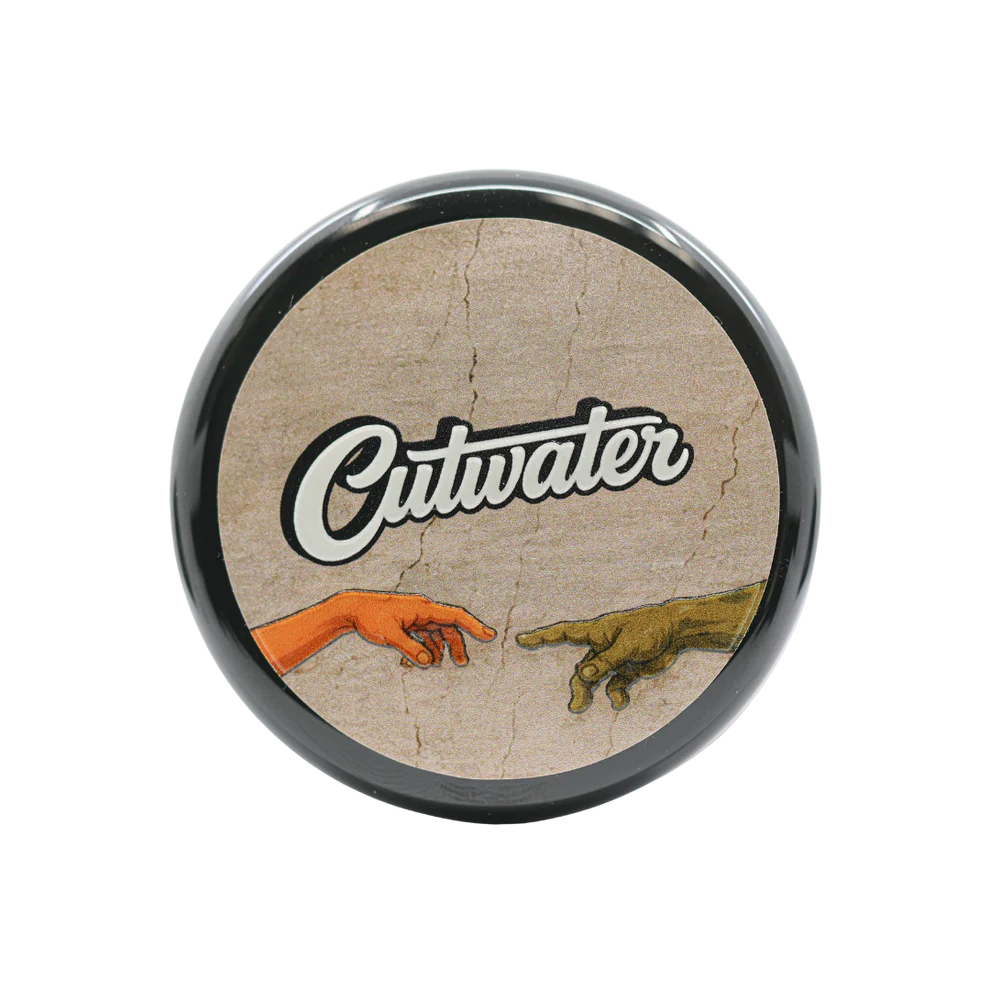 Davinci Frog Poison Cutwater lid by WaterBoyz710 x Cutright Cannabis featuring the Cutwater logo and Renaissance-style hands on a cracked background