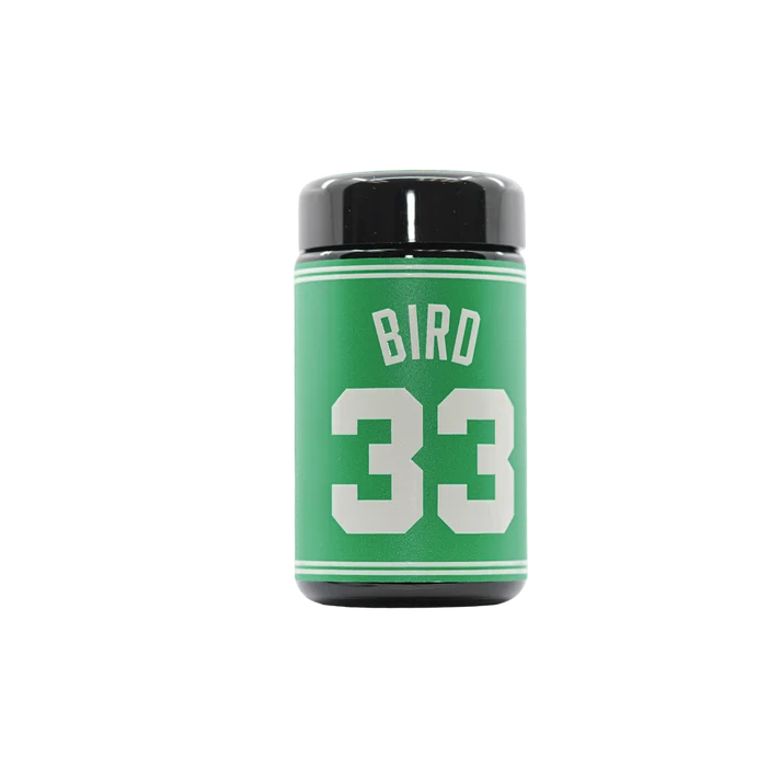 Bird 33 THCa flower green basketball jersey collector jar front Cutright