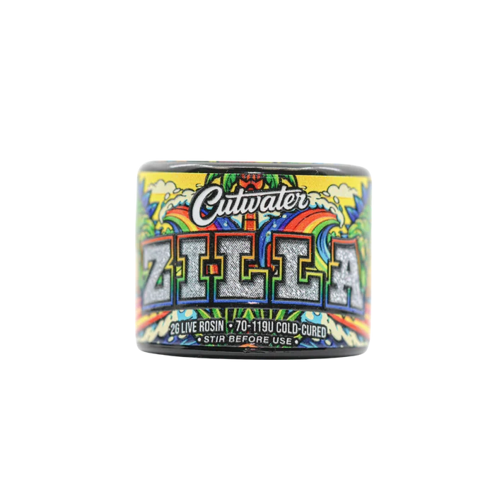 CutWater Zilla 2g live rosin cold cured jar front label by West Coast Alchemy x Waterboyz710 x Cutright