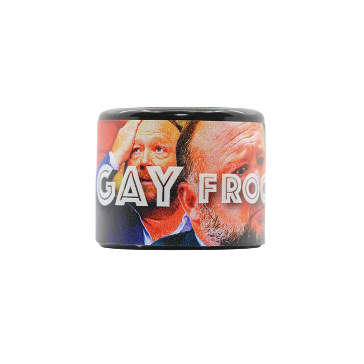 Gay Frog bold white lettering on custom colorful jar label